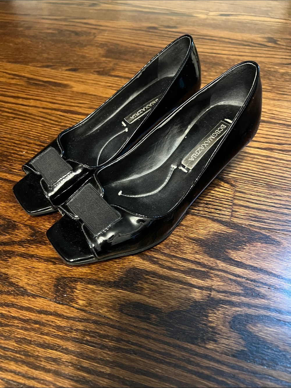 BCBGMaxAzria Black Patent Peep-Toe Heels with Bow Accent size 6.5